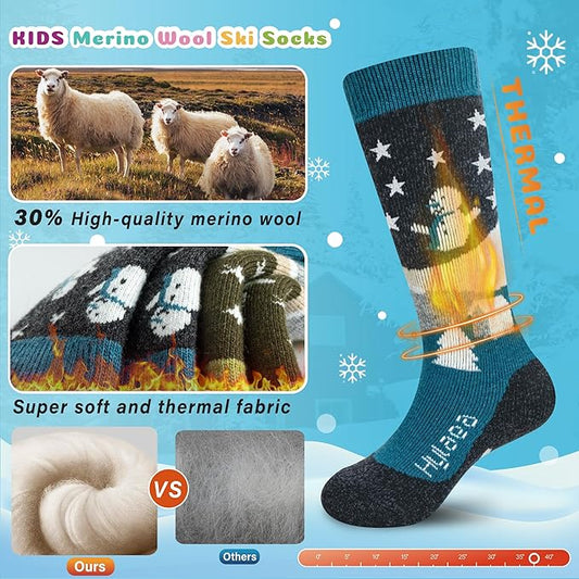 Hylaea Merino Wool Ski Socks Kids, Knee-high Warm Thermal Snowboard Skating Socks for Boys Girls Toddler
