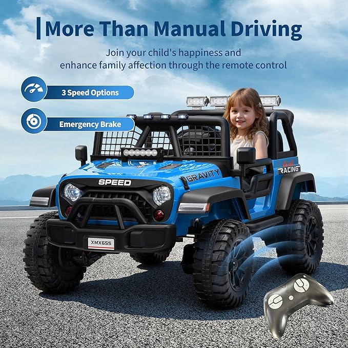 24V 2-Seater Kids Electric Truck with Parent Remote Control, 100Min Ride-on Car, 4WD Dual Motor, 2 Speeds, Spring Shock Absorber, LED Headlights, Siblings Gift Kids Electric Vehicle, Blue