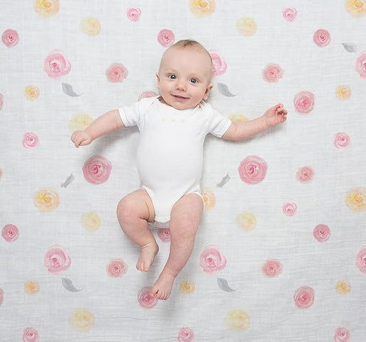 Amazing Baby Cotton Muslin Fitted Crib Sheet, Watercolor Roses, Pink