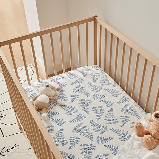Margaux & May Organic Muslin Cotton Baby Crib Sheet, Blue Fern Print, Fitted, Breathable, Toddler Bedding, 52 x 28, Deep Pocket, Organic Crib Sheets for Cozy Sleep