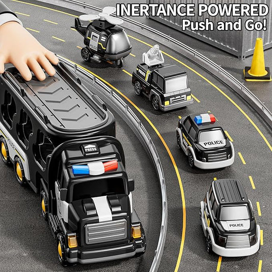 Police Truck Toy for 3 4 5 6 Years Old Boys - Carrier Vehicle Toy Set with 3 Small Cars and 1 Helicopter, Kids Firction Powered Car for Age 3-9, Gifts for Boys and Girls