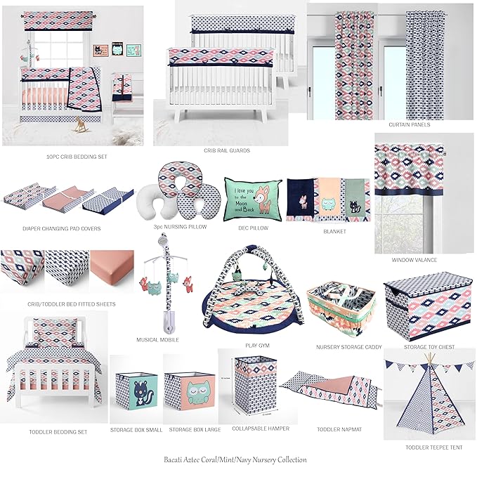 Bacati - Emma Aztec Coral/Mint/Navy 4 pc Toddler Bedding Set