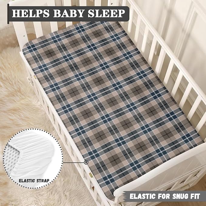Brown Plaid Checkered Fitted Crib Sheet for Boys Girls Geometric Gingham Baby Sheet for Standard Crib and Toddler Rustic Patch Nursery Bed Mattress Sheets 28"x52"
