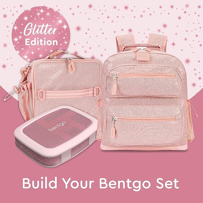 Bentgo Kids Glitter Backpack - Lightweight 14” Backpack for School, Travel & Daycare, Ideal for Ages 4+, Durable & Water-Resistant, Roomy Interior, & Loop for Lunch Bag (Glitter Edition - Petal Pink) | Lightweight, Backpack for School, Travel, Daycare,...