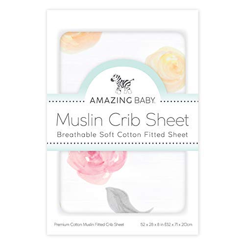 Amazing Baby Cotton Muslin Fitted Crib Sheet, Watercolor Roses, Pink