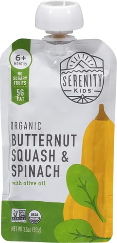 Serenity Kids 6+ Months USDA Organic Veggie Puree Baby Food Pouches | No Sugary Fruits or Added Sugar | Allergen Free | 3.5 Ounce BPA-Free Pouch | Butternut Squash & Spinach | 1 Count (Pack of 2)