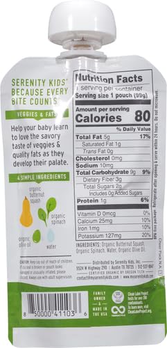 Serenity Kids 6+ Months USDA Organic Veggie Puree Baby Food Pouches | No Sugary Fruits or Added Sugar | Allergen Free | 3.5 Ounce BPA-Free Pouch | Butternut Squash & Spinach | 1 Count (Pack of 2)