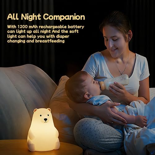 DNBFLLK Polar Bear Silicone Night Light for Kids Nursery Bedroom - Tap Control, 3 Adjustable Brightness, USB Rechargeable, Child-Safe Soft Glow LED Lamp, Baby Gift Idea