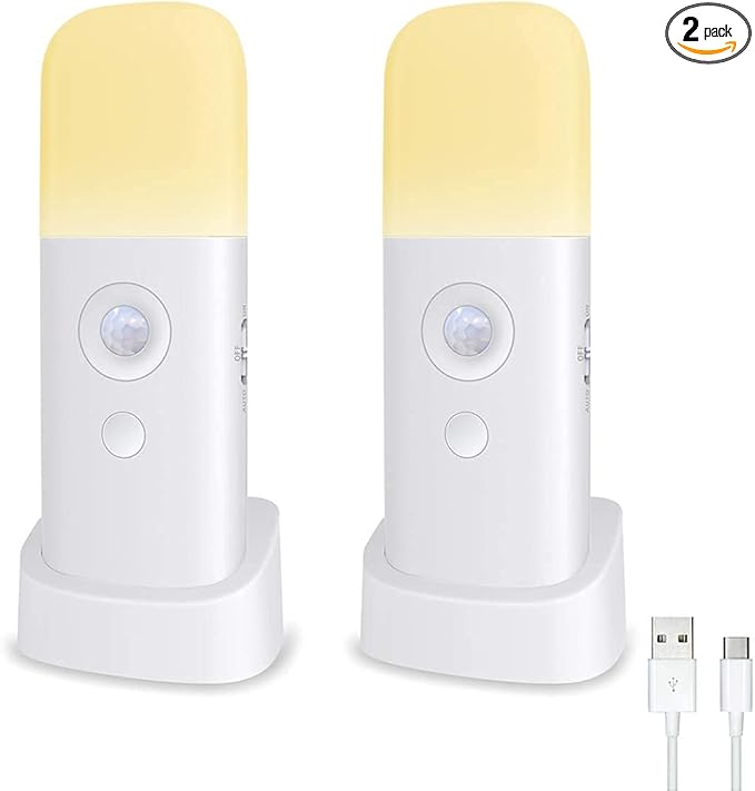 CREWEEL Motion Sensor Night Light Indoor, 2000mAh Battery Operated Lights, Cordless Table Lamps for Kids, 5 Stages Dimmable LED Nursery Night Lights for Bedroom, Bathroom, Hallway