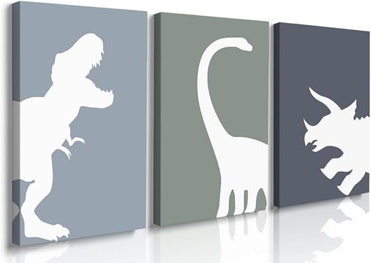 GUBIYU Dinosaur Wall Decor T-Rex Art - Framed Canvas Wall Art Set of 3, Boys Room Aesthetic Posters, Animal Nursery Print for Kids Toddler Decor 16"x24"