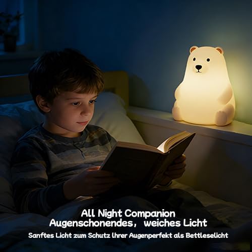 DNBFLLK Polar Bear Silicone Night Light for Kids Nursery Bedroom - Tap Control, 3 Adjustable Brightness, USB Rechargeable, Child-Safe Soft Glow LED Lamp, Baby Gift Idea