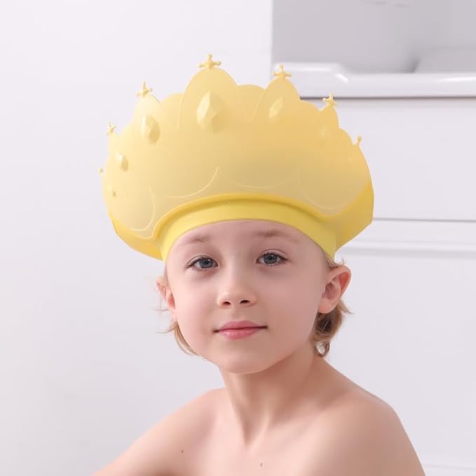 Baby Shower Cap Shield, Baby bath set shower cap/water cup/massage brush,Visor Hat for Eye and Ear Protection for 0-9 Years Old Children,Cute Crown Shape Makes the Baby Bath More Fun (Yellow)