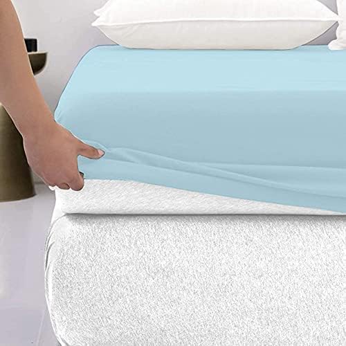 600 Thread Count Cotton Fitted Sheet for Queen Size|100% Egyptian Cotton Fitted Sheet|1 Piece Fitted Sheet Comfy, Ultra Soft, Breathable|16 Inch Deep Pocket Fitted Sheet in Light Blue Solid