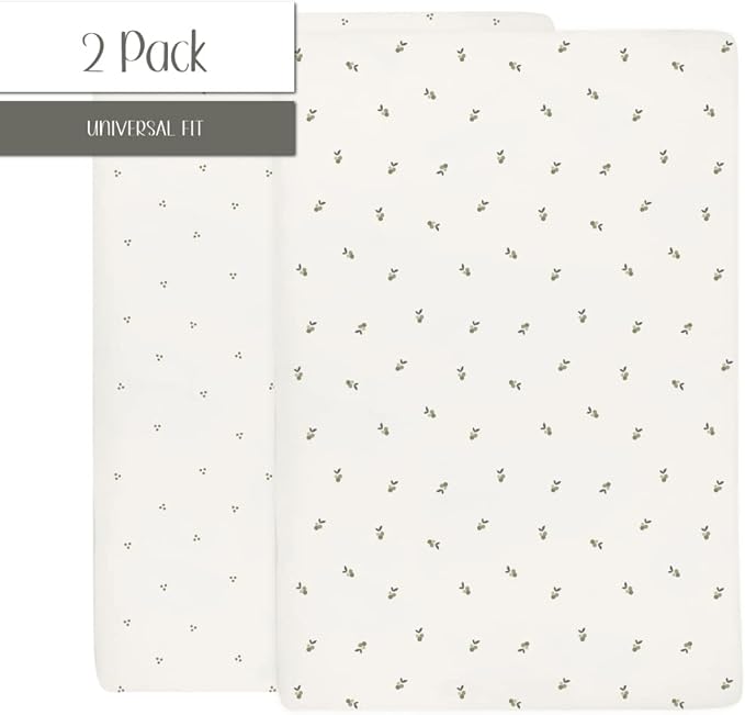 Ely's & Co. Patent Pending Waterproof Pack and Play Sheets, 100% Cotton with Waterproof Lining – 2 Pack Fitted Mini Crib Sheet Set, Berry and Cluster Dot (Sage) 38” x 24”