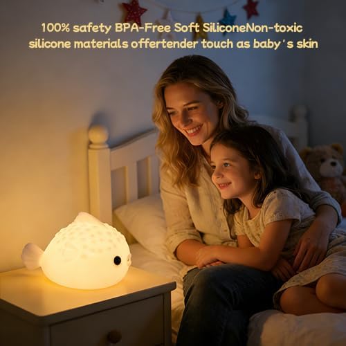 DNBFLLK White Pufferfish Night Light - Silicone Touch Sensor Lamp for Nursery, 3 Adjustable Brightness, USB-C Rechargeable Baby-Safe Bedside Light, Modern Kids Room Decor & Toddler Sleep Aid