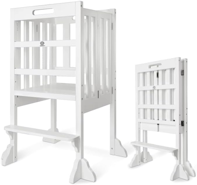 Kitchen Step Stool Helper - WOOD CITY Montessori Foldable Toddler Standing Tower for Toddlers with Safety Rail Height Adjustable Ideal Helper for Learning New Skills Natural Pine Wood (White)