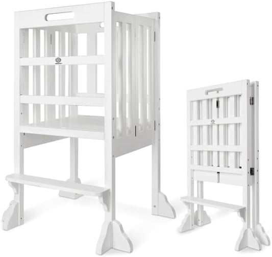 Kitchen Step Stool Helper - WOOD CITY Montessori Foldable Toddler Standing Tower for Toddlers with Safety Rail Height Adjustable Ideal Helper for Learning New Skills Natural Pine Wood (White)