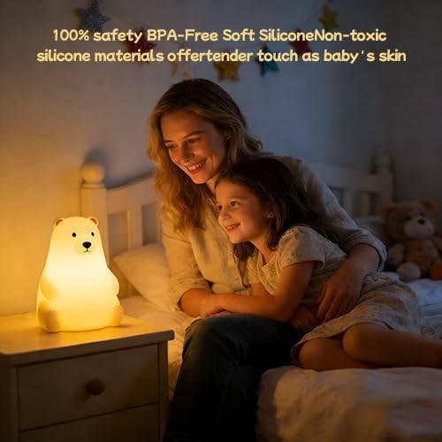 DNBFLLK Polar Bear Silicone Night Light for Kids Nursery Bedroom - Tap Control, 3 Adjustable Brightness, USB Rechargeable, Child-Safe Soft Glow LED Lamp, Baby Gift Idea