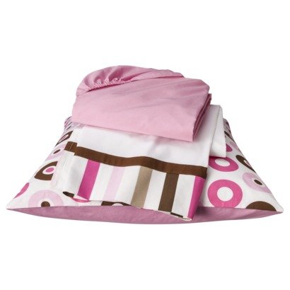 Bacati - Dots & Stripes Pink/Chocolate 4 Piece Girls Toddler Bedding Set, 100 Percent Cotton Includes Reversible Comforter, Fitted Sheet, Top Sheet and Pillow Case for US Standard Toddler Bed