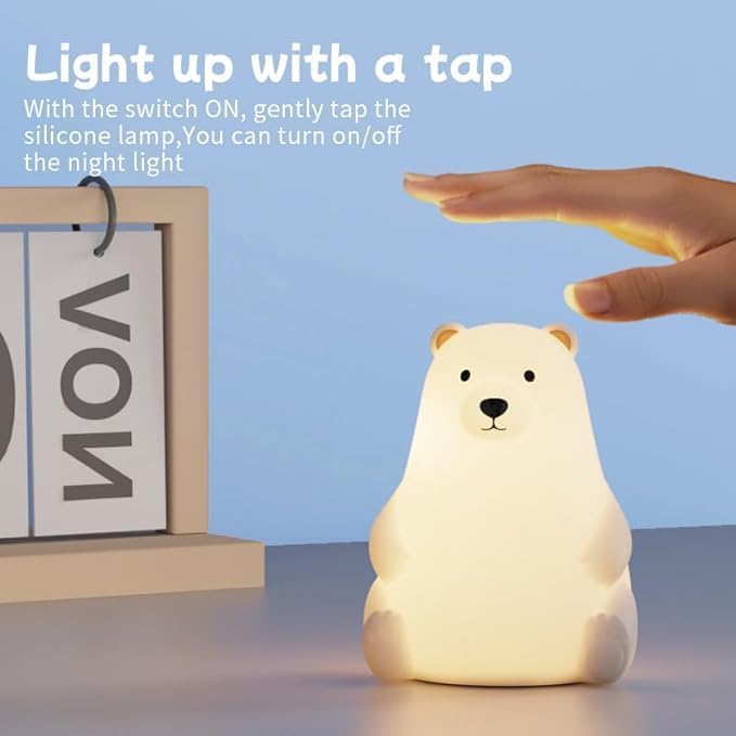 DNBFLLK Polar Bear Silicone Night Light for Kids Nursery Bedroom - Tap Control, 3 Adjustable Brightness, USB Rechargeable, Child-Safe Soft Glow LED Lamp, Baby Gift Idea