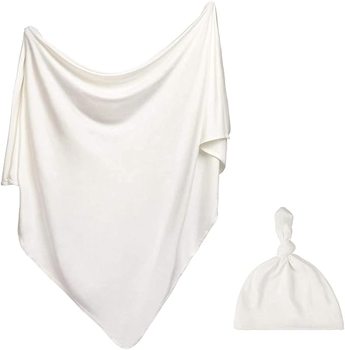 iEvolve Cotton Knitted Baby Swaddle Blanket with Hat Headband Set Newborn Swaddle Wrap Receiving Blankets for Baby Girl Boy 45" x 45"(White)