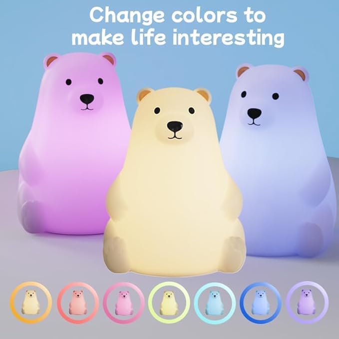 DNBFLLK Polar Bear Silicone Night Light for Kids Nursery Bedroom - Tap Control, 3 Adjustable Brightness, USB Rechargeable, Child-Safe Soft Glow LED Lamp, Baby Gift Idea