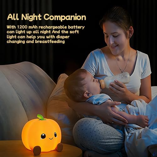 DNBFLLK Pumpkin Night Light for Kids Adult, 3 Adjustable Brightness, USB-C Rechargeable, Baby-Safe Bedside Light, Toddler Sleep Training & Kids Room Decor