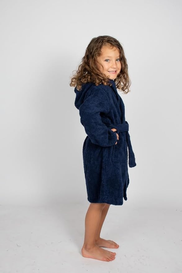 BAGNO MILANO Kids Organic Turkish Cotton Hooded Beach Cover-Up Towel, GOTS Certified, for Boys and Girls (Navy, 7-8 Years)