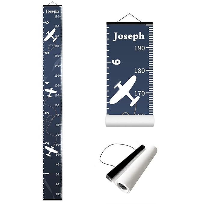 Personalized Growth Chart for Kids, Baby Height Chart with Custom Name, 77"x7.9" Canvas and Black Wood Height Measuring Rulers for Boys Girls Removable Wall Ruler Hanging for Nursery Decor - Plane