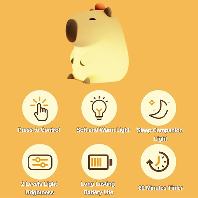 KangTen CHEN Capybara Kids Night Light, Portable USB Rechargeable Animal Light Touch Control Light, Silicone Night Light with Timer Function, Christmas Gift for Kids