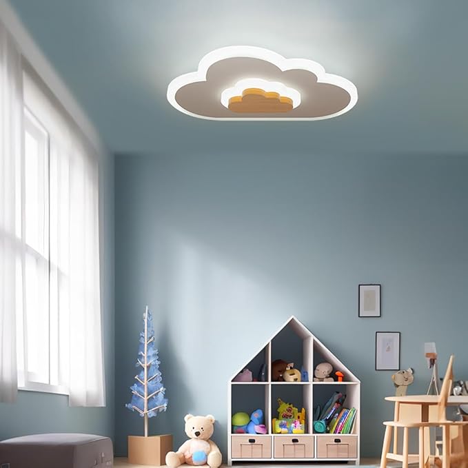 LED Ceiling Light 26W Wood Cloud Cartoon Kids Ceiling Light 15.74in Kids Room Light fixtures Ceiling Mount 3000-6500K with nightlight Ceiling Lamps for bedrooms Girl Boy Nursery Toys Room