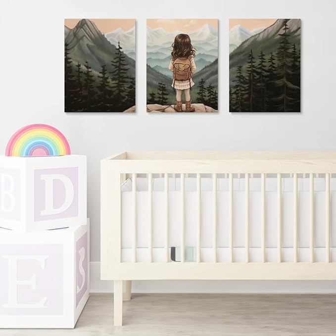 Baby Girl Adventure Nursery Decor, Adventure Nursery Wall Art, Watercolor Mountain Landscape, Woodland Decor for Kids Room, Baby Girl Set of 3 Canvas Set, Framed 16"x24"