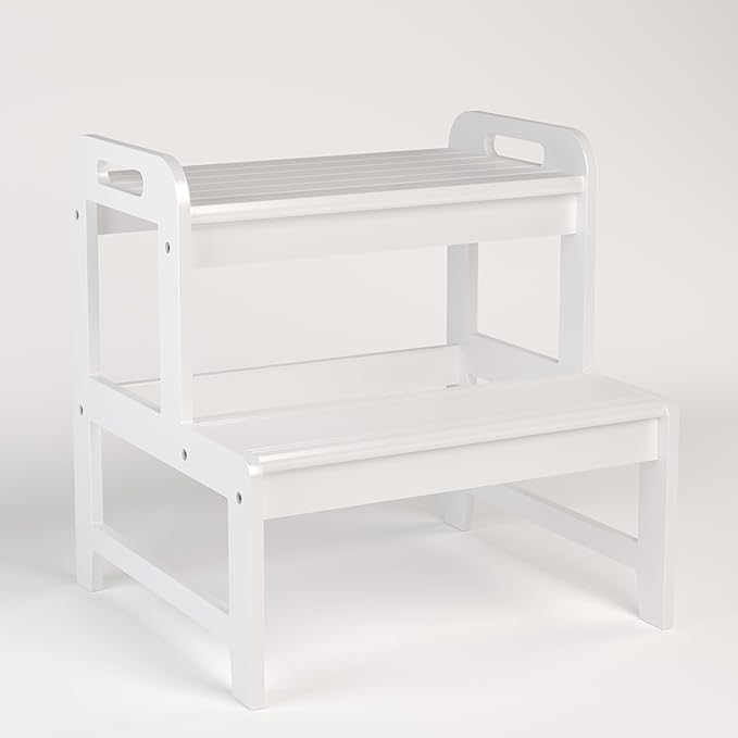 BALANBO Step Stool for Kids Bamboo Toddler Two Steps Stool with Anti-Slip and Handles Stairs 300 lbs Capacity for Bathroom Kitchen Bedroom(White)
