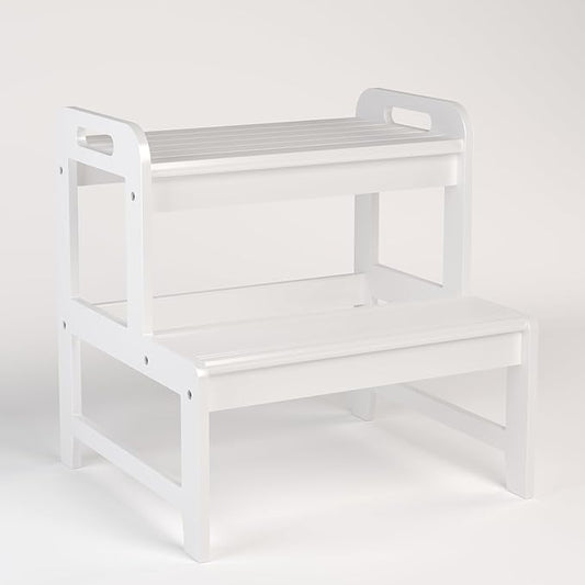 BALANBO Step Stool for Kids Bamboo Toddler Two Steps Stool with Anti-Slip and Handles Stairs 300 lbs Capacity for Bathroom Kitchen Bedroom(White)