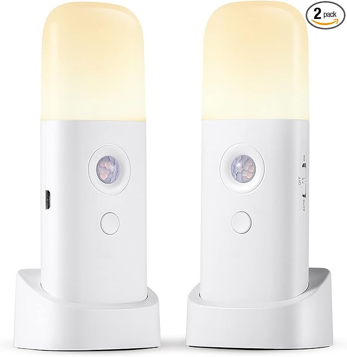 CREWEEL Rechargeable Motion Sensor Night Light, Battery Operated nightlights, Dimmable Motion Sensor Light Indoor, Cordless Motion Activated Night Lights for Adults, Bathroom, Bedroom, Hallway(2Pack)
