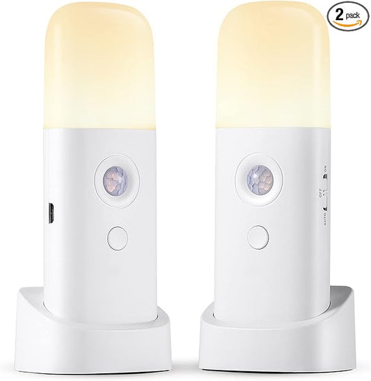 CREWEEL Rechargeable Motion Sensor Night Light, Battery Operated nightlights, Dimmable Motion Sensor Light Indoor, Cordless Motion Activated Night Lights for Adults, Bathroom, Bedroom, Hallway(2Pack)