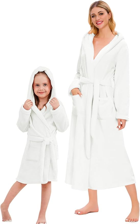 Umeyda Girls & Women Fleece Hooded Robes, Soft Fuzzy Bathrobe Warm Plush Fluffy Bath Robe for Kids Womens