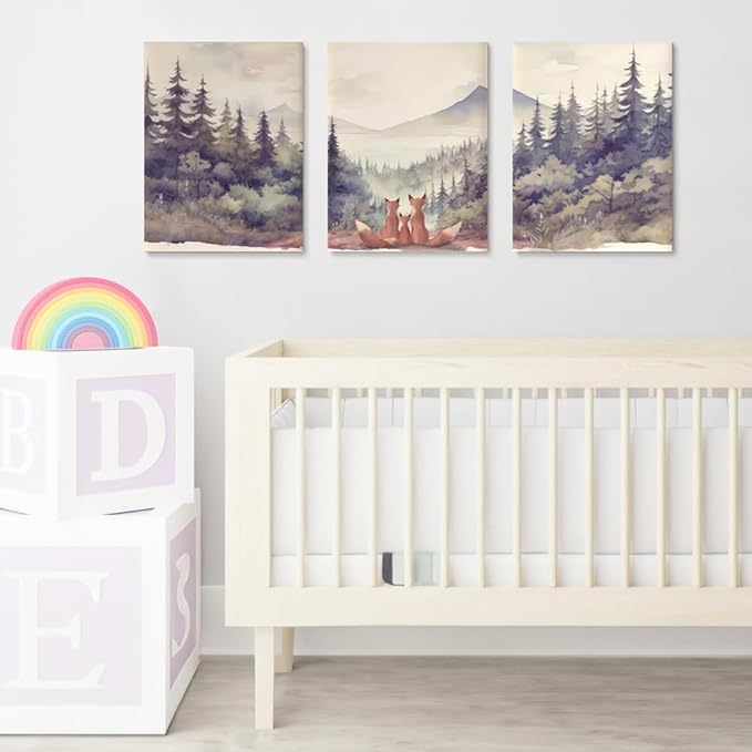 Fox Family Nursery Decor Print Vintage Family of Three Animal Wall Art Set of 3 Woodland Nursery Wall Decor Mountain Forest Nature Poster for Kid Baby Boy Girl Room Decor Framed Canvas 12"x16"x3