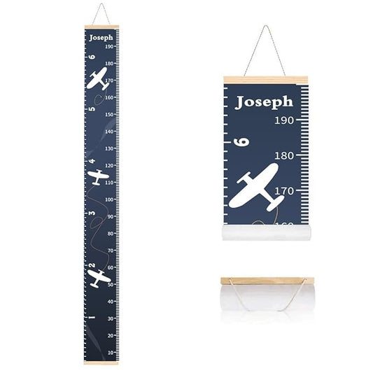 Personalized Growth Chart for Kids, Baby Height Chart with Custom Name, 77"x7.9" Canvas and Beige Wood Height Measuring Rulers for Boys Girls Removable Wall Ruler Hanging for Nursery Decor - Plane