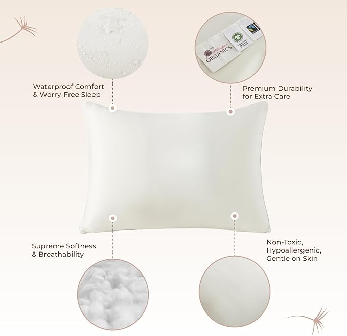 Organic Cotton Pillow Protector - 100% Waterproof Pillow Protector Toddler Size GOTS & Fairtrade Certified - 140GSM Hypoallergenic Machine Washable Breathable Cover with Edge Piping - 2 Pack (Toddler)