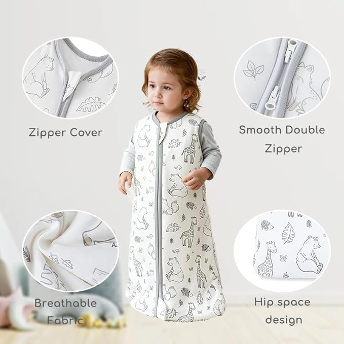 Baby Sleep Sack 6-12 Months 1.5 TOG, 2 Pack Bamboo Baby Wearable Blanket with 2-Way Zipper, Infant Toddler Sleeping Sack for Newborn Boys and Girls, Animals & Grey