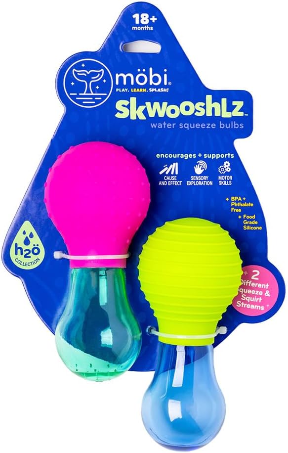 Mobi Skwooshlz Water Squeeze Bulbs - Silicone Baby Bath Toys, Baby Bathtub Toys for Toddlers, Latex and BPA Free, Food Grade Silicon, Easy to Clean - Toddler Ages 1-3 (Pack of 2)