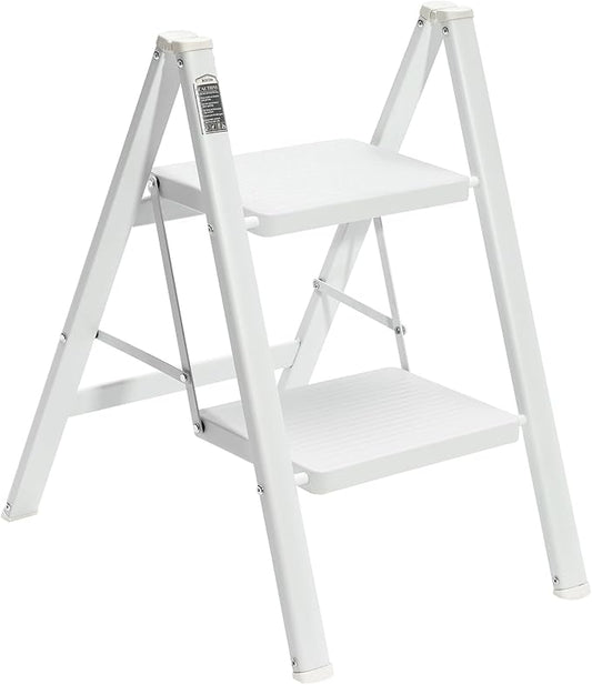 BOCOM 2 Step Ladder, Lightweight Portable Foldable Collapsible Folding Sturdy Iron Metal Step Stool with Anti-Slip Wide Pedal, Heavy Duty 330 lbs Capacity, for Home, Kitchen, Closet, Adults, White