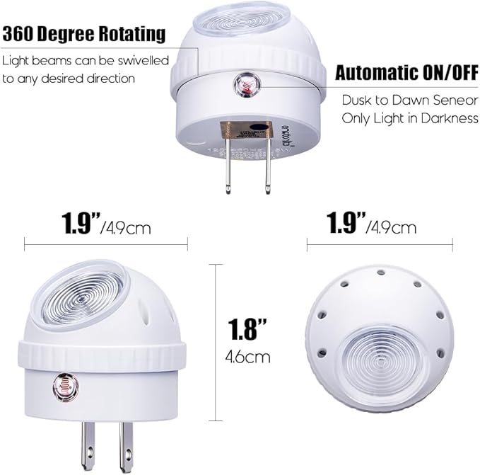 Emotionlite Plug-in Night Lights, Warm White LED Nightlight, 360° Rotation, Dusk to Dawn Sensor, Kids, Adult, Bedroom, Hallway, Bathroom,Kitchen, Stairways, Corridor, 4 Pack