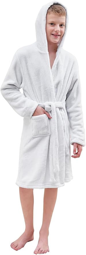 Umeyda Boys Girls Robes, Soft Fuzzy Fleece Hooded Bathrobes with Belt and Pockets for Kids, 1-18 Year