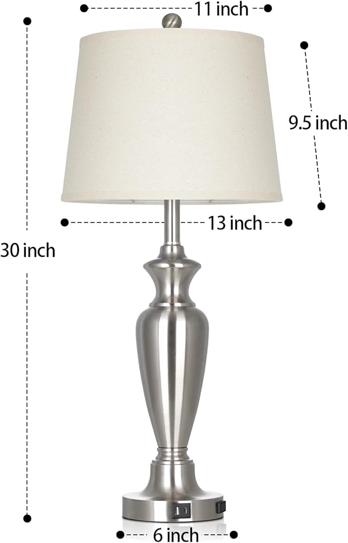 Cinyirong 30" Tall Silver Table Lamp for Living Room, 3-Way Dimmable Touch Control Bedside Lamp for Bedroom Nightstand with USB A+C Ports & AC Outlet (1 Pack)