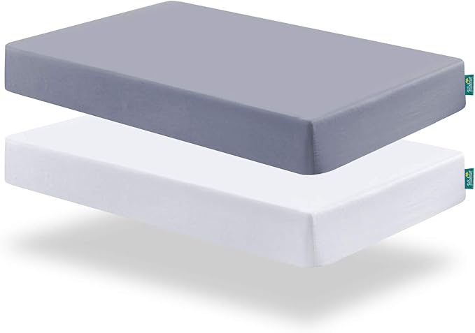 2 Pack Fitted Crib Sheets & 2 Pack Waterproof Crib Mattress Protectors, Baby Bedding Set Grey and White, Ultra Soft Breathable Sheets, Quiet Mattress Pad Covers, Fits 52" x 28"