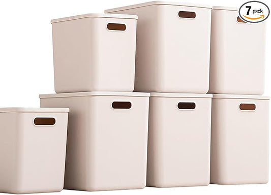 GUMEIGODA Plastic Storage Bins with lids,Storage Baskets,Container with handle,Storage Organizer Bins for Shelves,Office,Bedrooms,Closets, Cabinets(Grey，5XL+2L)