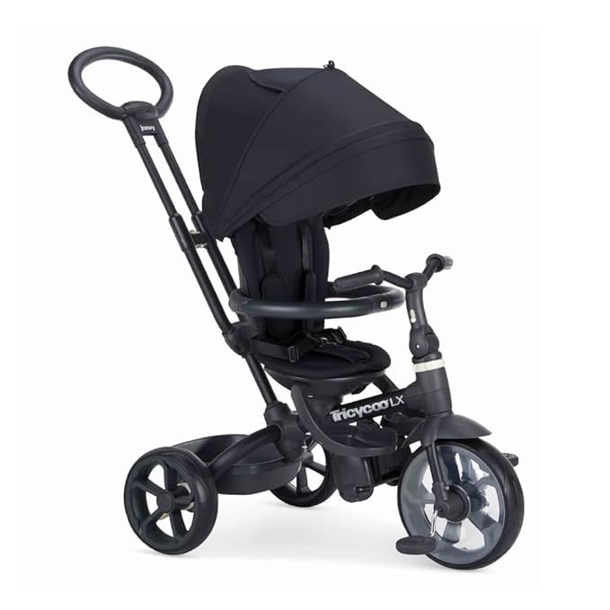 Joovy Tricycoo LX Premium Kids Tricycle with 8 Stages Featuring Chunky Front Tire, Removable and Adjustable Parent Handle, Machine-Washable Seat Pad, and Retractable Canopy, Black, 1 Count (Pack of 1)