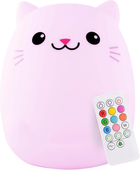 Lumipets Clive The Cat Squishy Silicone Night Light for Kids | Cute Night Light with Remote & Touch Control for Baby & Toddler Bedrooms | Color Changing Portable Animal Nightlight | Kids Mood Lamp